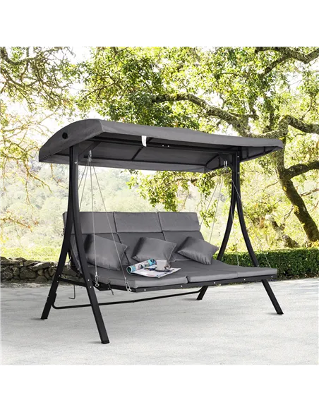 Outsunny 3 Seater Garden Swing Seat Outdoor Swing Chairs Chaise Lounge Padded Seat Hammock Canopy Porch Patio Bench Bed Recliner