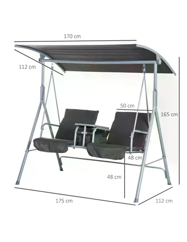 Outsunny Steel Frame 2-Seater  Swing Chair w/ Table Grey