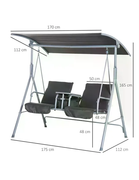 Outsunny Steel Frame 2-Seater  Swing Chair w/ Table Grey