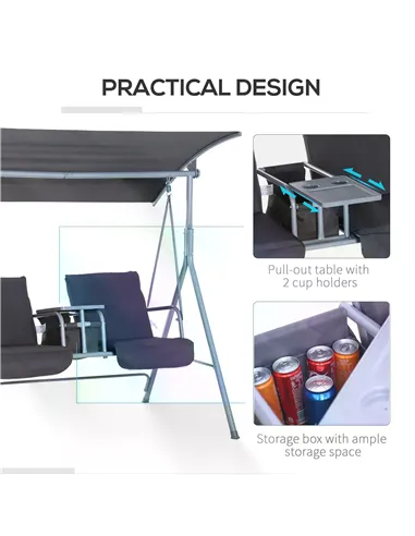 Outsunny Steel Frame 2-Seater  Swing Chair w/ Table Grey