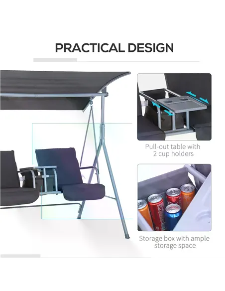 Outsunny Steel Frame 2-Seater  Swing Chair w/ Table Grey