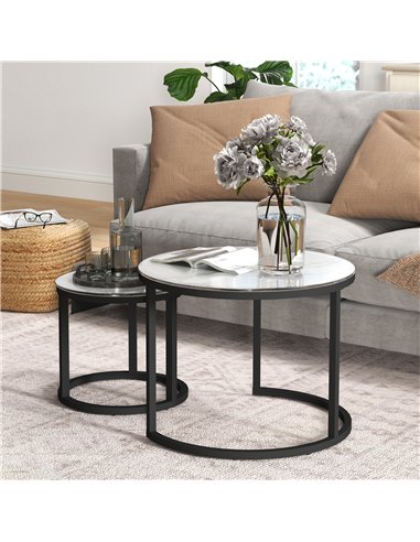 HOMCOM Glass Coffee Table Set of 2, Round Nest of Tables with Marble-Effect Tempered Glass Tabletop and Steel Frame, Modern Side