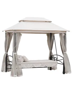 Outsunny 2-in-1 Convertible Gazebo Swing Chair Bed W/Netting, 245Lx165Wx243H cm-Beige/Black