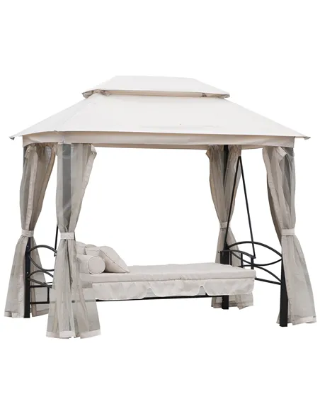 Outsunny 2-in-1 Convertible Gazebo Swing Chair Bed W/Netting, 245Lx165Wx243H cm-Beige/Black