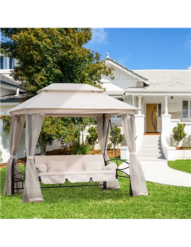 Outsunny 2-in-1 Convertible Gazebo Swing Chair Bed W/Netting, 245Lx165Wx243H cm-Beige/Black