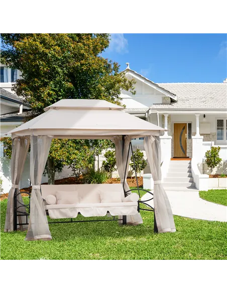 Outsunny 2-in-1 Convertible Gazebo Swing Chair Bed W/Netting, 245Lx165Wx243H cm-Beige/Black