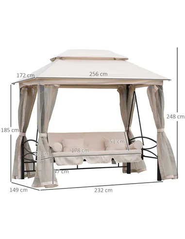 Outsunny 2-in-1 Convertible Gazebo Swing Chair Bed W/Netting, 245Lx165Wx243H cm-Beige/Black