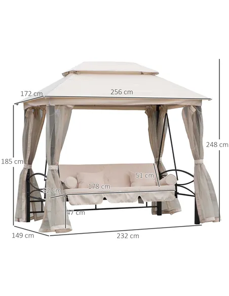 Outsunny 2-in-1 Convertible Gazebo Swing Chair Bed W/Netting, 245Lx165Wx243H cm-Beige/Black