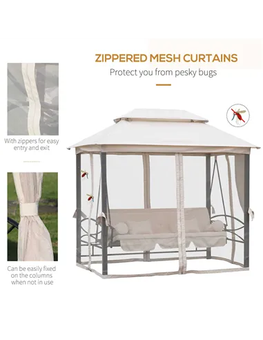 Outsunny 2-in-1 Convertible Gazebo Swing Chair Bed W/Netting, 245Lx165Wx243H cm-Beige/Black