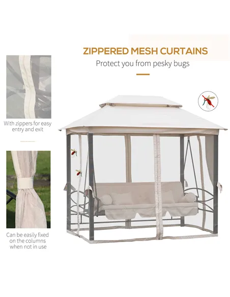 Outsunny 2-in-1 Convertible Gazebo Swing Chair Bed W/Netting, 245Lx165Wx243H cm-Beige/Black