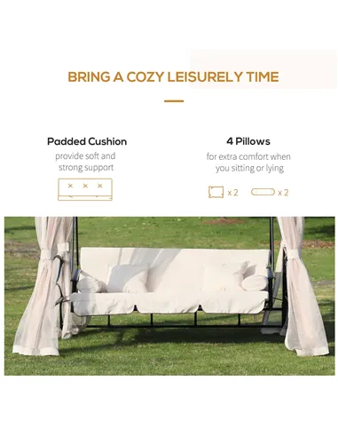 Outsunny 2-in-1 Convertible Gazebo Swing Chair Bed W/Netting, 245Lx165Wx243H cm-Beige/Black