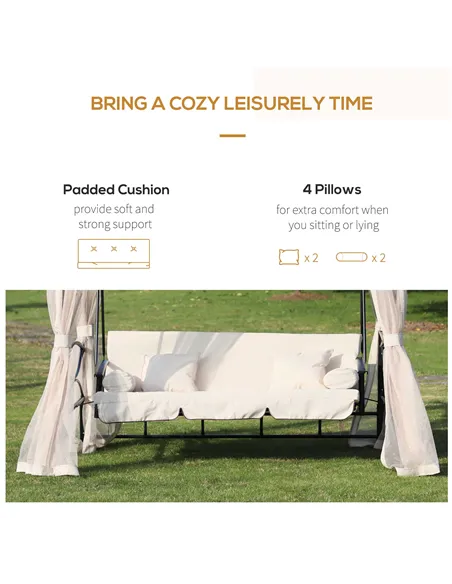 Outsunny 2-in-1 Convertible Gazebo Swing Chair Bed W/Netting, 245Lx165Wx243H cm-Beige/Black