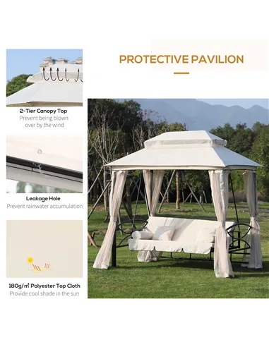 Outsunny 2-in-1 Convertible Gazebo Swing Chair Bed W/Netting, 245Lx165Wx243H cm-Beige/Black