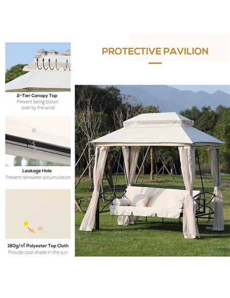 Outsunny 2-in-1 Convertible Gazebo Swing Chair Bed W/Netting, 245Lx165Wx243H cm-Beige/Black
