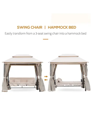 Outsunny 2-in-1 Convertible Gazebo Swing Chair Bed W/Netting, 245Lx165Wx243H cm-Beige/Black