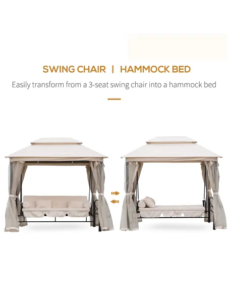 Outsunny 2-in-1 Convertible Gazebo Swing Chair Bed W/Netting, 245Lx165Wx243H cm-Beige/Black