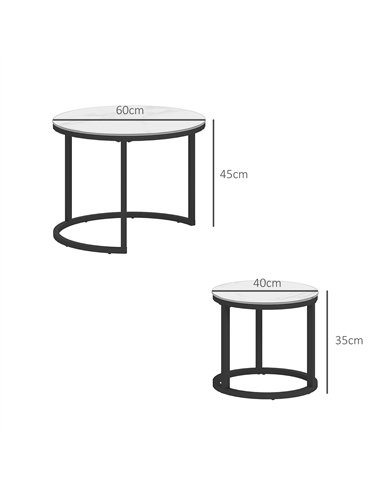 HOMCOM Glass Coffee Table Set of 2, Round Nest of Tables with Marble-Effect Tempered Glass Tabletop and Steel Frame, Modern Side