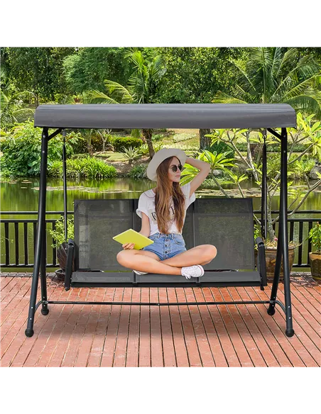 Outsunny 3 Person Outdoor Patio Porch Swing Chair with High Back Design, Side Pouches and Adjustable Canopy, Charcoal Grey