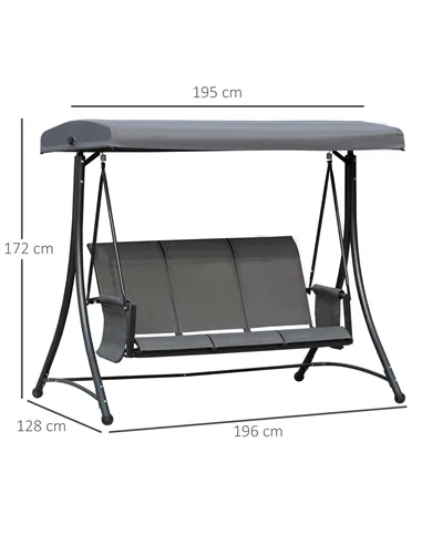 Outsunny 3 Person Outdoor Patio Porch Swing Chair with High Back Design, Side Pouches and Adjustable Canopy, Charcoal Grey