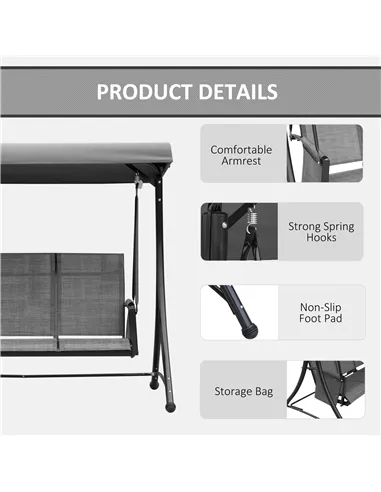 Outsunny 3 Person Outdoor Patio Porch Swing Chair with High Back Design, Side Pouches and Adjustable Canopy, Charcoal Grey