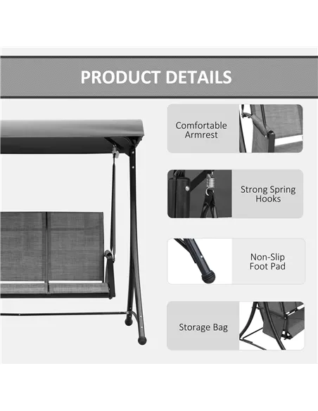 Outsunny 3 Person Outdoor Patio Porch Swing Chair with High Back Design, Side Pouches and Adjustable Canopy, Charcoal Grey