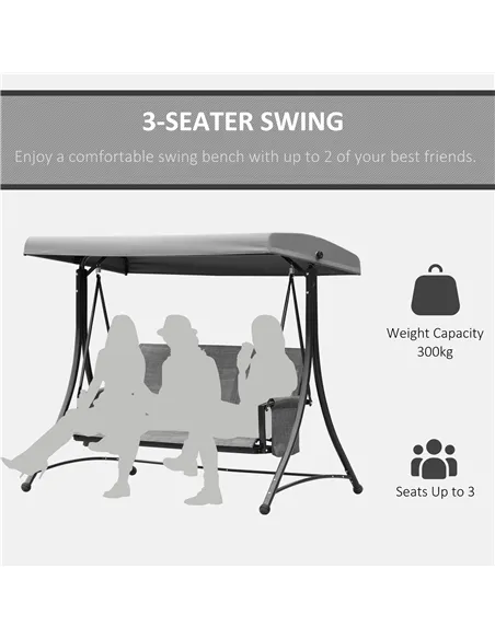 Outsunny 3 Person Outdoor Patio Porch Swing Chair with High Back Design, Side Pouches and Adjustable Canopy, Charcoal Grey