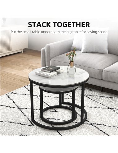 HOMCOM Glass Coffee Table Set of 2, Round Nest of Tables with Marble-Effect Tempered Glass Tabletop and Steel Frame, Modern Side