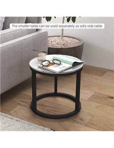 HOMCOM Glass Coffee Table Set of 2, Round Nest of Tables with Marble-Effect Tempered Glass Tabletop and Steel Frame, Modern Side