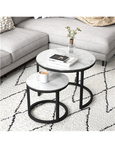 HOMCOM Glass Coffee Table Set of 2, Round Nest of Tables with Marble-Effect Tempered Glass Tabletop and Steel Frame, Modern Side