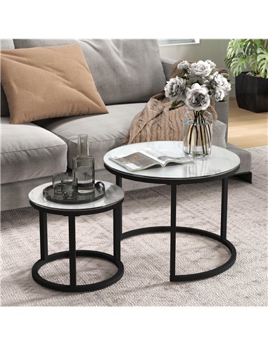 HOMCOM Glass Coffee Table Set of 2, Round Nest of Tables with Marble-Effect Tempered Glass Tabletop and Steel Frame, Modern Side