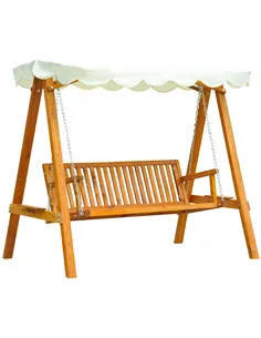 Outsunny 3 Seater Garden Swing Seat with Canopy, Wooden Swing Chair, Outdoor Hammock Bench for Balcony Patio Porch, Cream White