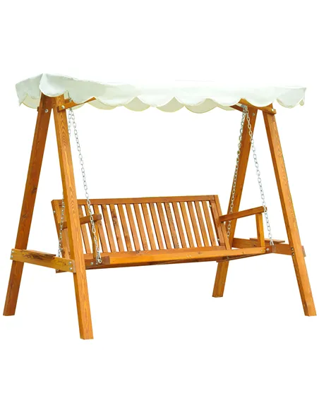 Outsunny 3 Seater Garden Swing Seat with Canopy, Wooden Swing Chair, Outdoor Hammock Bench for Balcony Patio Porch, Cream White