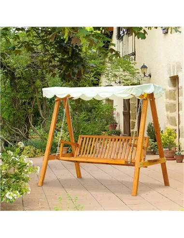 Outsunny 3 Seater Garden Swing Seat with Canopy, Wooden Swing Chair, Outdoor Hammock Bench for Balcony Patio Porch, Cream White