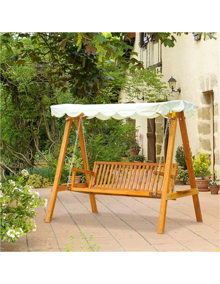 Outsunny 3 Seater Garden Swing Seat with Canopy, Wooden Swing Chair, Outdoor Hammock Bench for Balcony Patio Porch, Cream White