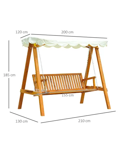 Outsunny 3 Seater Garden Swing Seat with Canopy, Wooden Swing Chair, Outdoor Hammock Bench for Balcony Patio Porch, Cream White