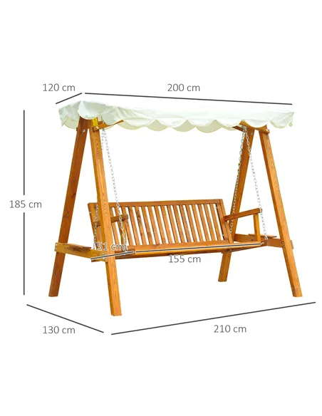 Outsunny 3 Seater Garden Swing Seat with Canopy, Wooden Swing Chair, Outdoor Hammock Bench for Balcony Patio Porch, Cream White
