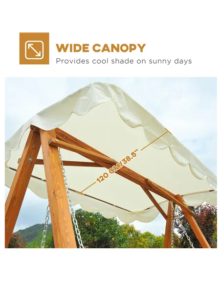 Outsunny 3 Seater Garden Swing Seat with Canopy, Wooden Swing Chair, Outdoor Hammock Bench for Balcony Patio Porch, Cream White