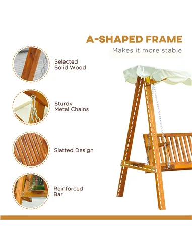 Outsunny 3 Seater Garden Swing Seat with Canopy, Wooden Swing Chair, Outdoor Hammock Bench for Balcony Patio Porch, Cream White