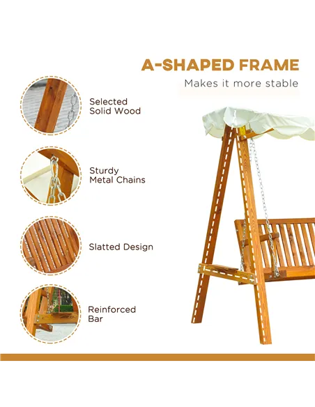 Outsunny 3 Seater Garden Swing Seat with Canopy, Wooden Swing Chair, Outdoor Hammock Bench for Balcony Patio Porch, Cream White