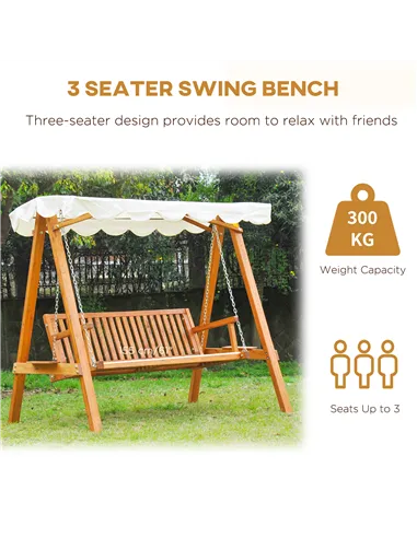 Outsunny 3 Seater Garden Swing Seat with Canopy, Wooden Swing Chair, Outdoor Hammock Bench for Balcony Patio Porch, Cream White