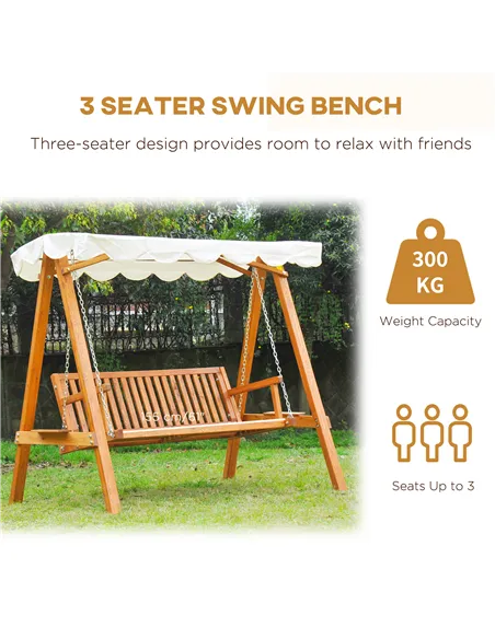 Outsunny 3 Seater Garden Swing Seat with Canopy, Wooden Swing Chair, Outdoor Hammock Bench for Balcony Patio Porch, Cream White