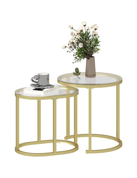 HOMCOM Modern Coffee Table Set of 2, Nest of Tables with Steel Frame and Tempered Glass Tabletop, Side Tables for Living Room Be