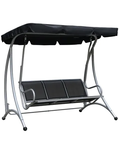 Outsunny Three Person Steel Outdoor Porch Swing Chair Bench with Canopy Cover - Black