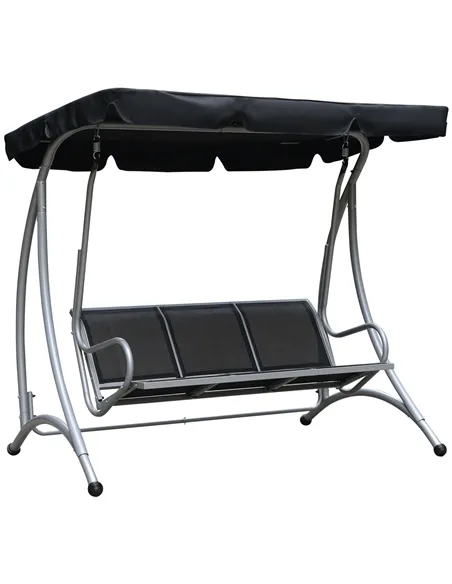 Outsunny Three Person Steel Outdoor Porch Swing Chair Bench with Canopy Cover - Black
