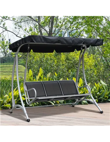 Outsunny Three Person Steel Outdoor Porch Swing Chair Bench with Canopy Cover - Black