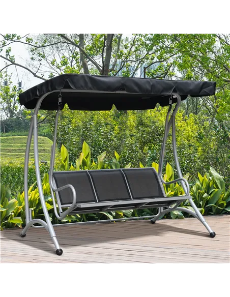 Outsunny Three Person Steel Outdoor Porch Swing Chair Bench with Canopy Cover - Black