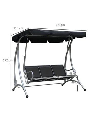 Outsunny Three Person Steel Outdoor Porch Swing Chair Bench with Canopy Cover - Black