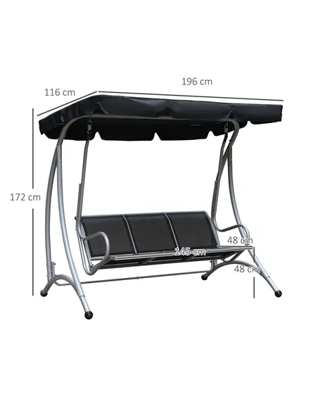 Outsunny Three Person Steel Outdoor Porch Swing Chair Bench with Canopy Cover - Black