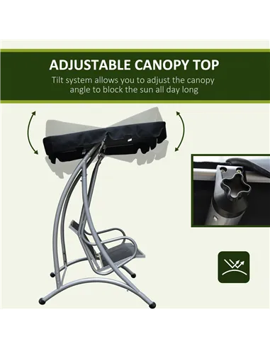 Outsunny Three Person Steel Outdoor Porch Swing Chair Bench with Canopy Cover - Black