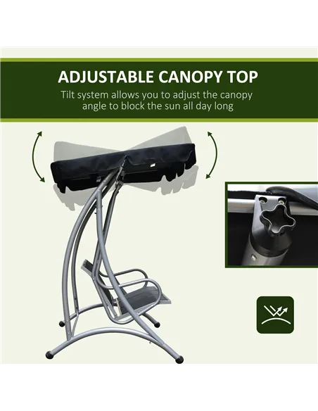 Outsunny Three Person Steel Outdoor Porch Swing Chair Bench with Canopy Cover - Black